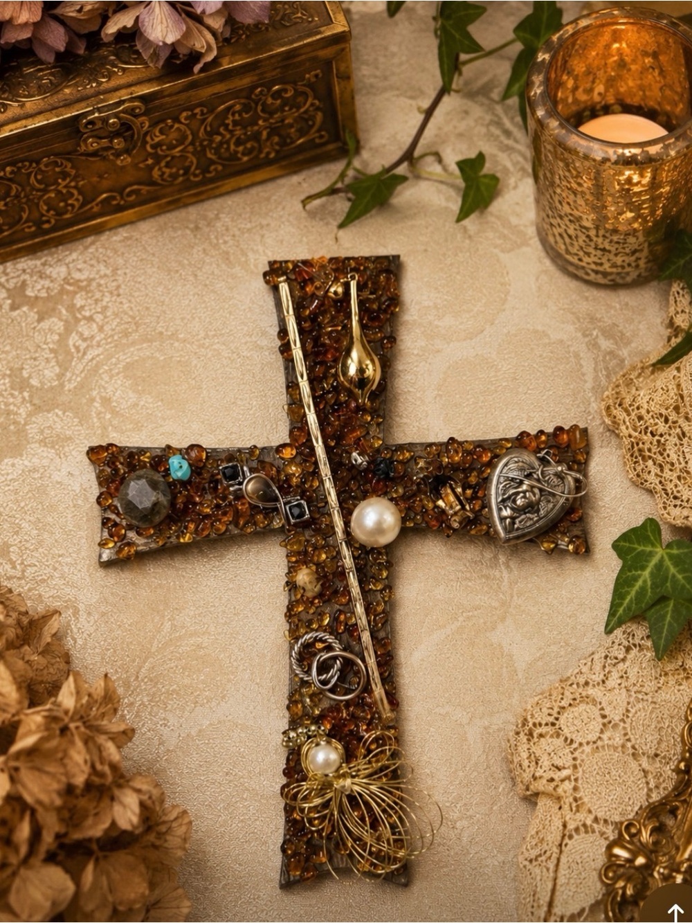 Handcrafted Amber-Tone Mixed Media Wall Cross
